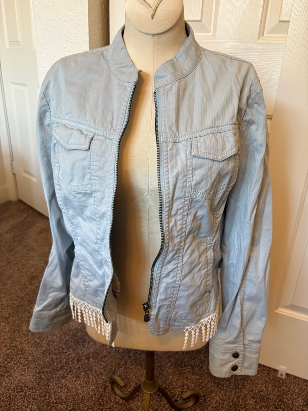 CAbi Light Blue Zip Front Utility Jacket with Fringe